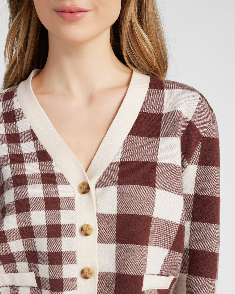 Cream/Cocoa $|& 78&SUNNY Alumni Double Plaid Cardigan - SOF Detail