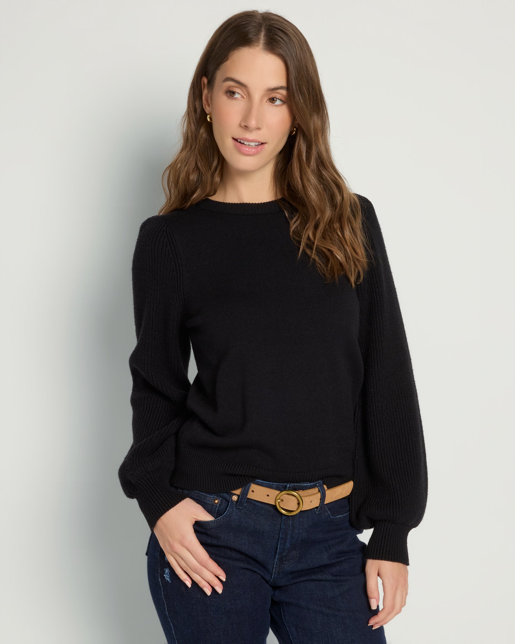 Black $|& SEAS Pacific Puff Shoulder Crew Neck Sweater - SOF Front