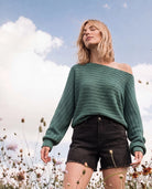 Frosty Spruce $|& SEAS Open Weave Dolman Sweater - SOF Side