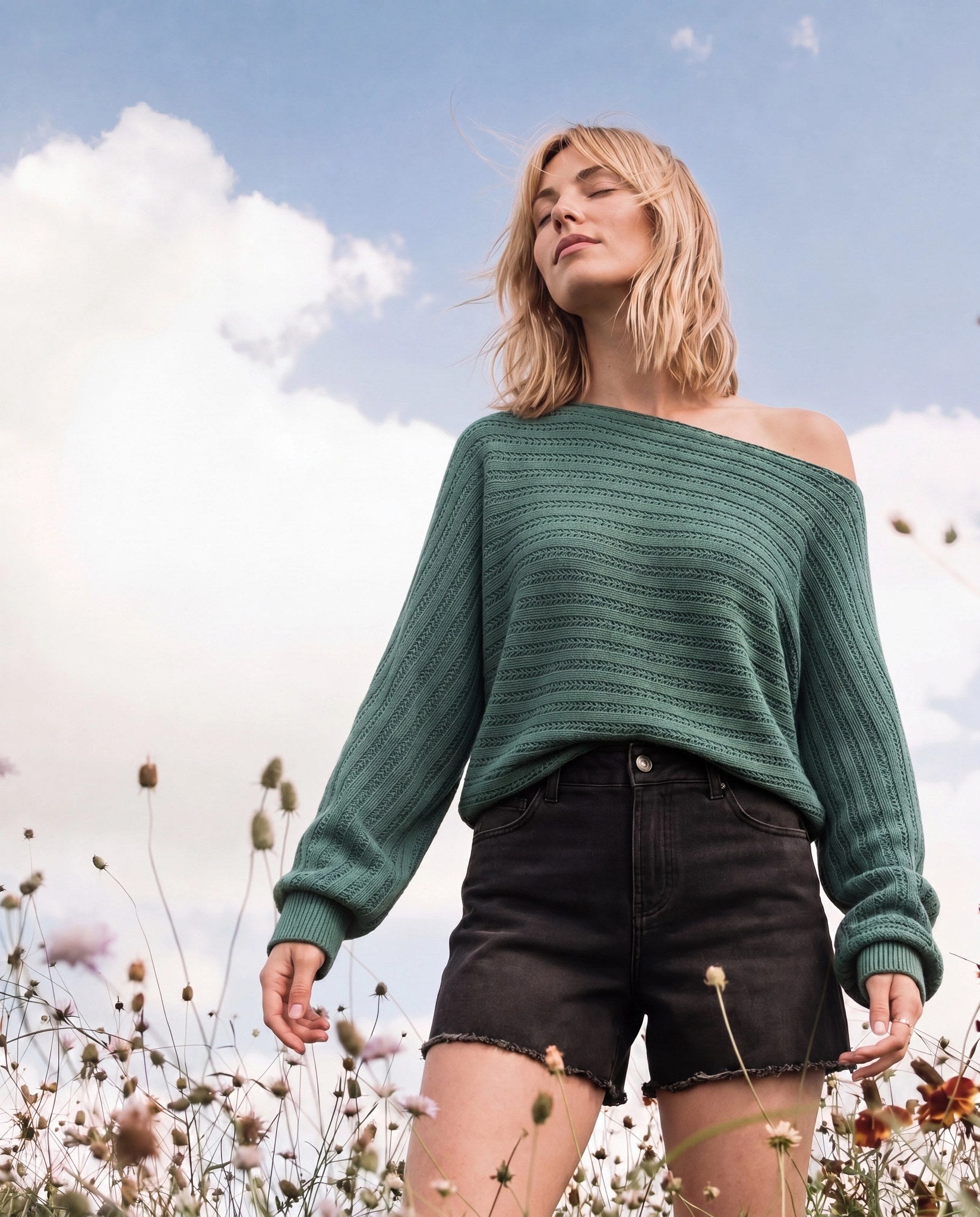 Frosty Spruce $|& SEAS Open Weave Dolman Sweater - SOF Side