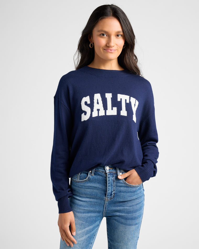 Navy/White $|& SEAS Salty Graphic Crew Neck Sweater - SOF Front