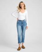 Medium Wash $|& SEAS Mid Rise Cuffed Slim Straight Leg Jeans - SOF Full Front