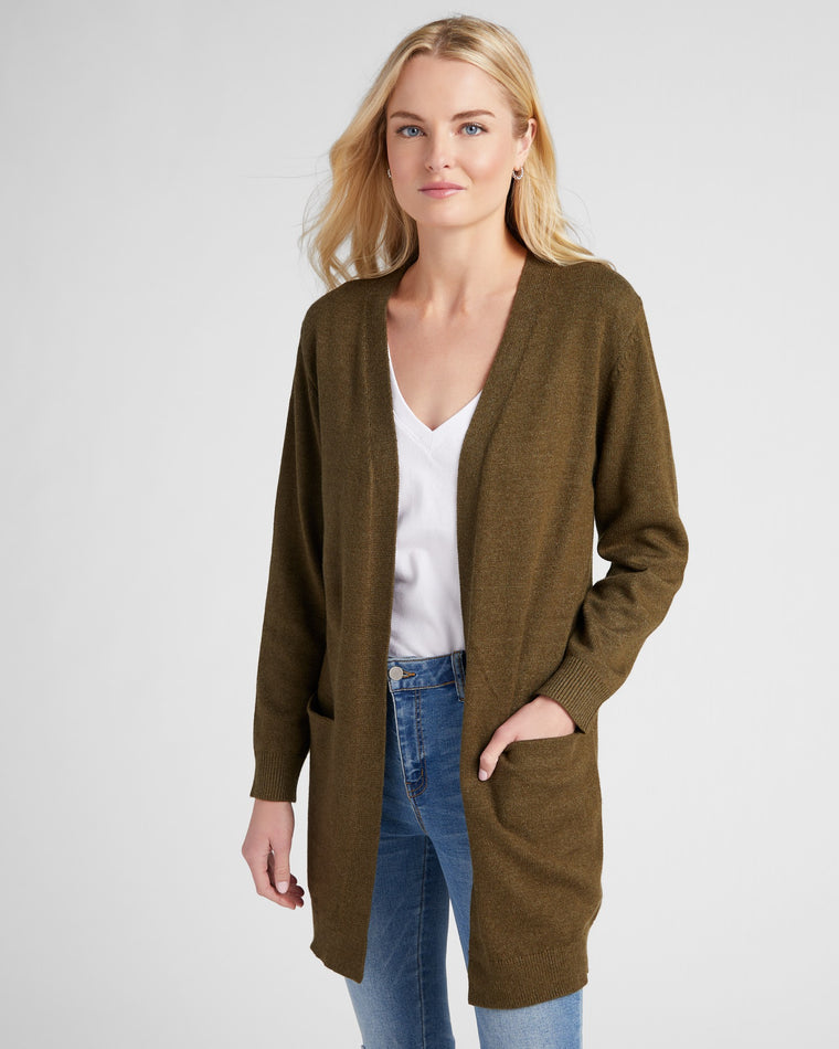 Olive $|& SEAS Pacific Marled Pocket Cardigan - SOF Front