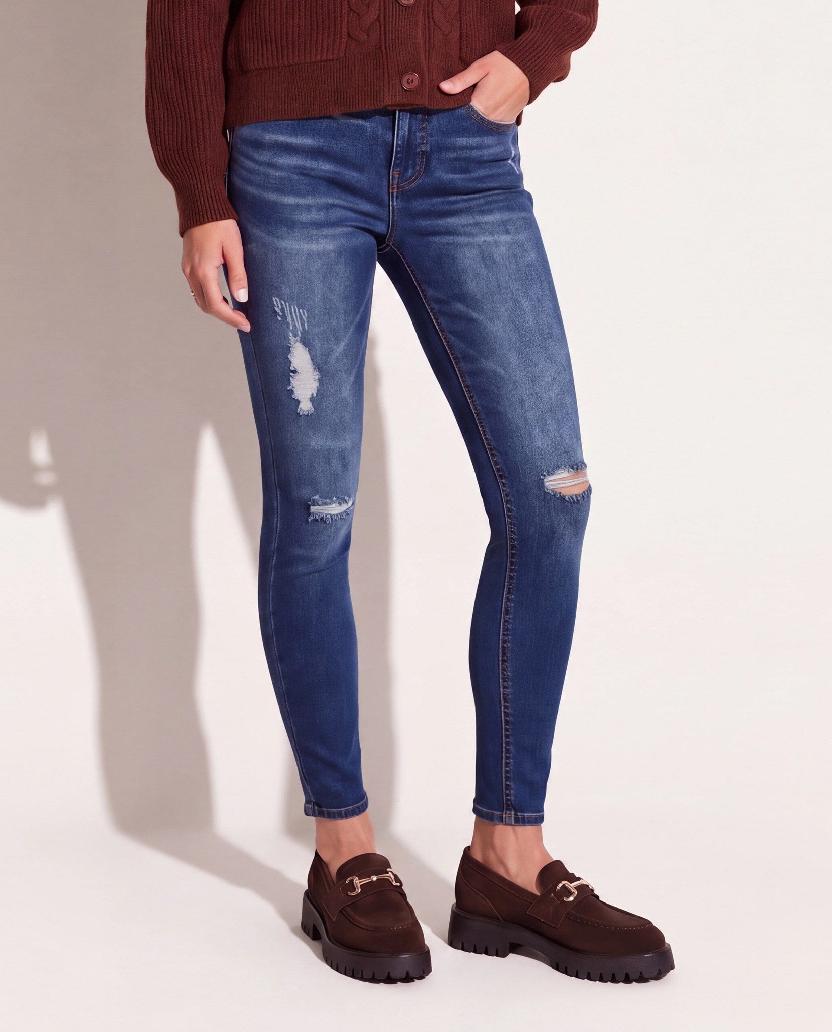 Dark Wash $|& Herizon Suzi Mid Rise Distressed Skinny Jeans - SOF Front