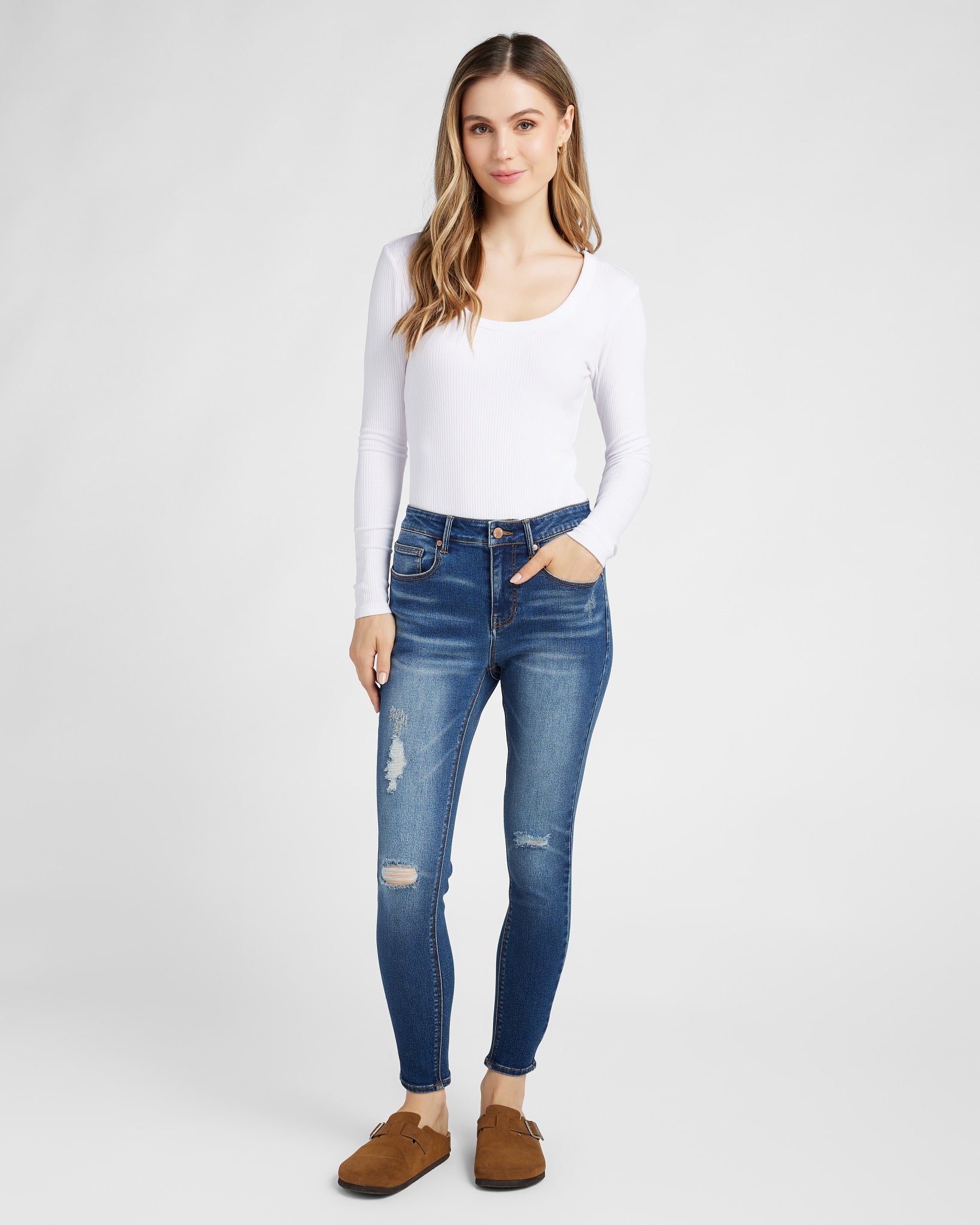 Dark Wash $|& Herizon Suzi Mid Rise Distressed Skinny Jeans - SOF Full Front