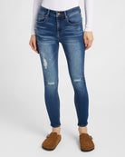 Dark Wash $|& Herizon Suzi Mid Rise Distressed Skinny Jeans - SOF Front