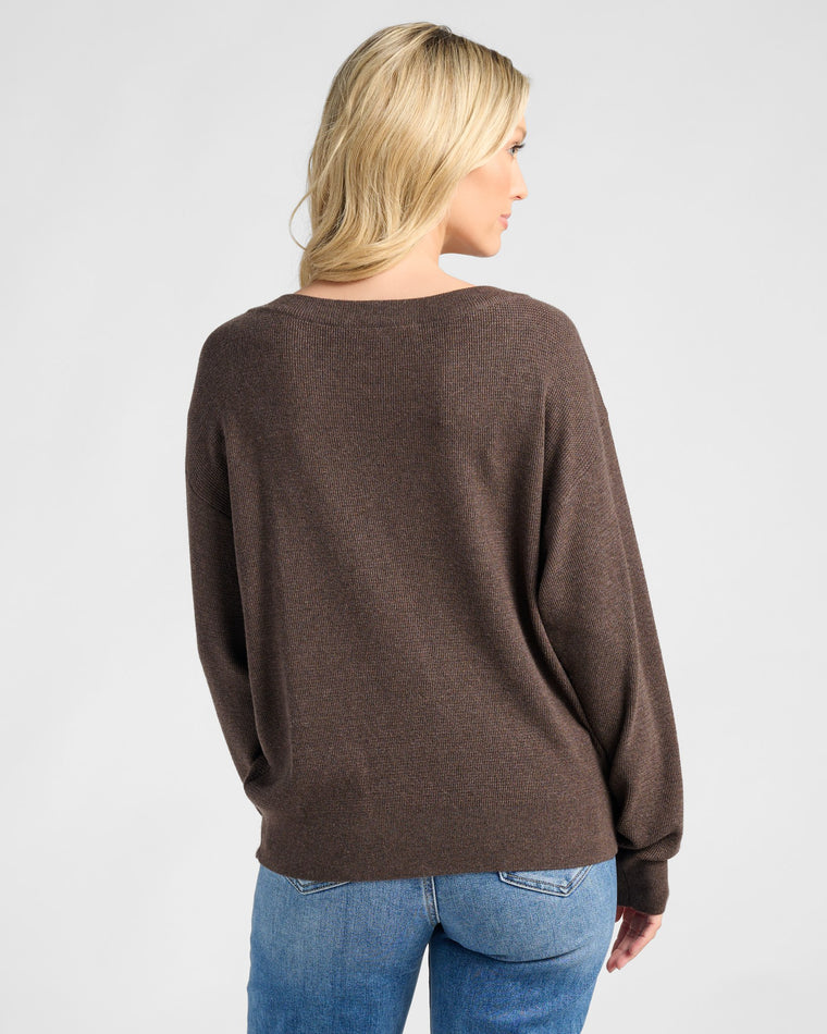 Seal Brown $|& Herizon Wanderer Waffle One Shoulder Sweater - SOF Back