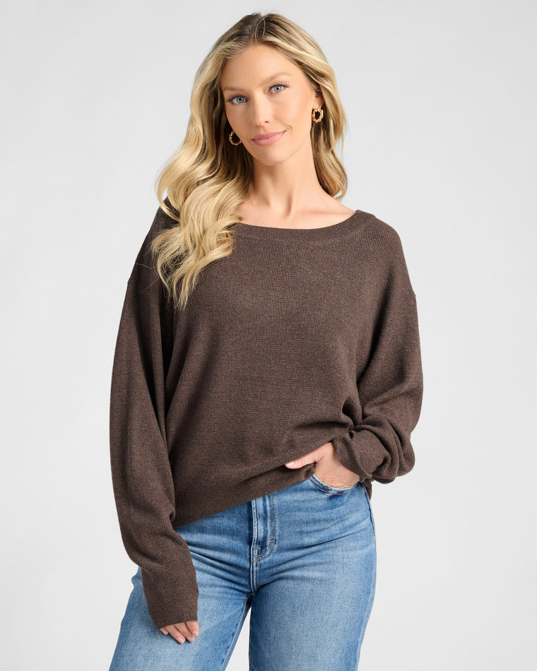 Seal Brown $|& Herizon Wanderer Waffle One Shoulder Sweater - SOF Front