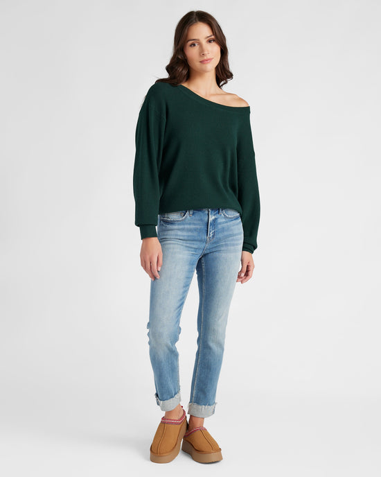 Hunter Green $|& Herizon Wanderer Waffle One Shoulder Sweater - SOF Full Front