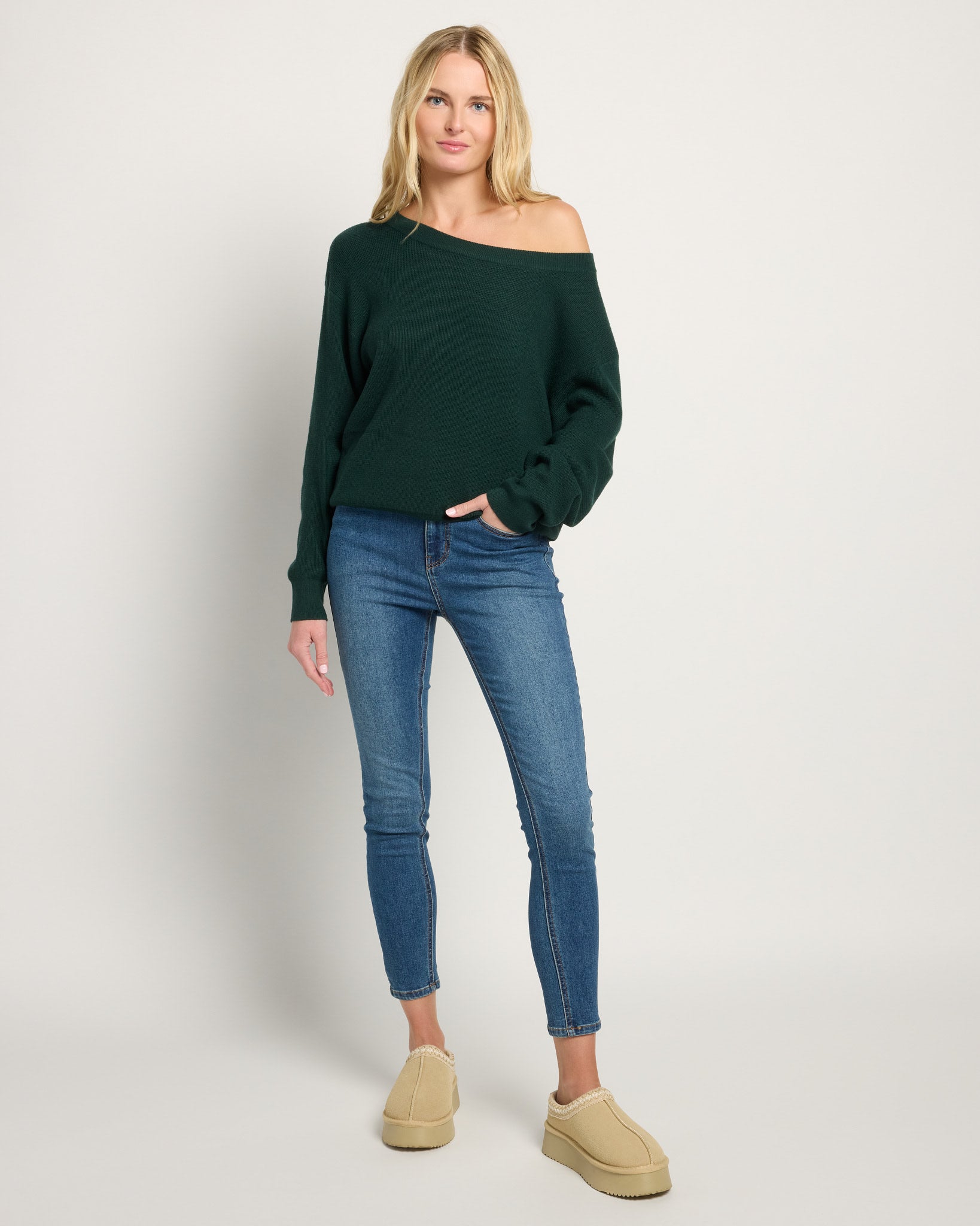 Hunter Green $|& Herizon Wanderer Waffle One Shoulder Sweater - UGC On Fig