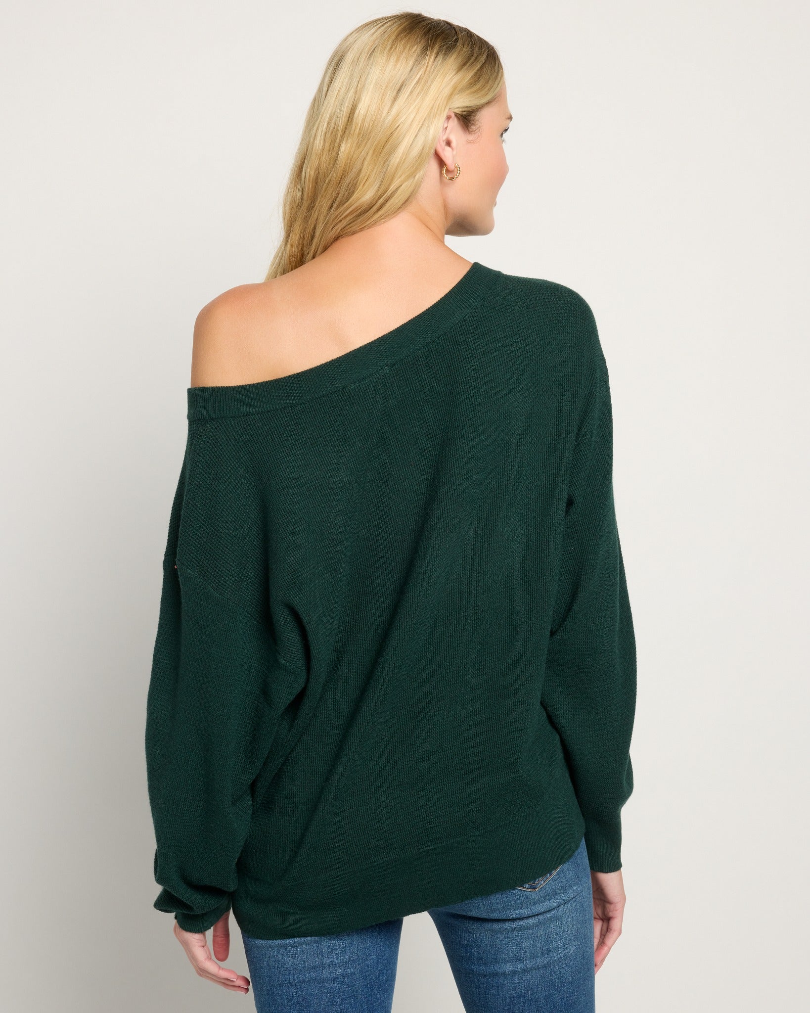 Hunter Green $|& Herizon Wanderer Waffle One Shoulder Sweater - SOF Back