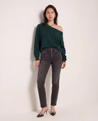 Hunter Green $|& Herizon Wanderer Waffle One Shoulder Sweater - SOF Back