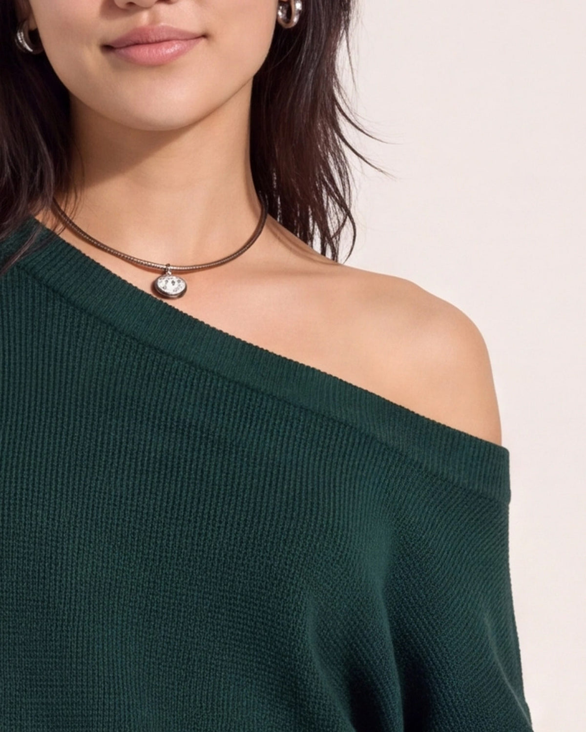 Hunter Green $|& Herizon Wanderer Waffle One Shoulder Sweater - SOF Back
