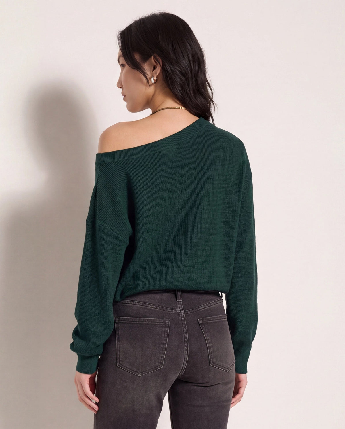 Hunter Green $|& Herizon Wanderer Waffle One Shoulder Sweater - SOF Side