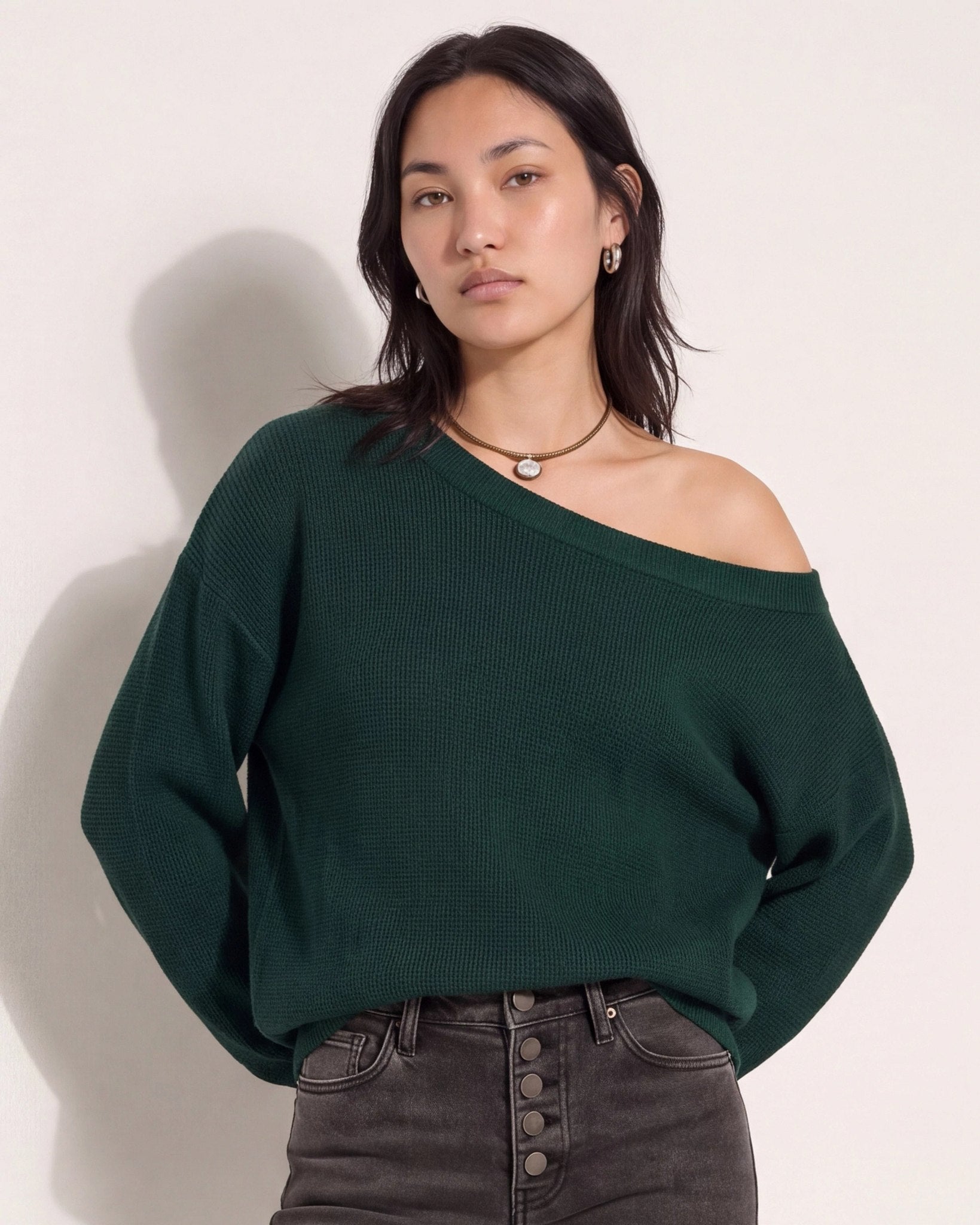 Hunter Green $|& Herizon Wanderer Waffle One Shoulder Sweater - SOF Front