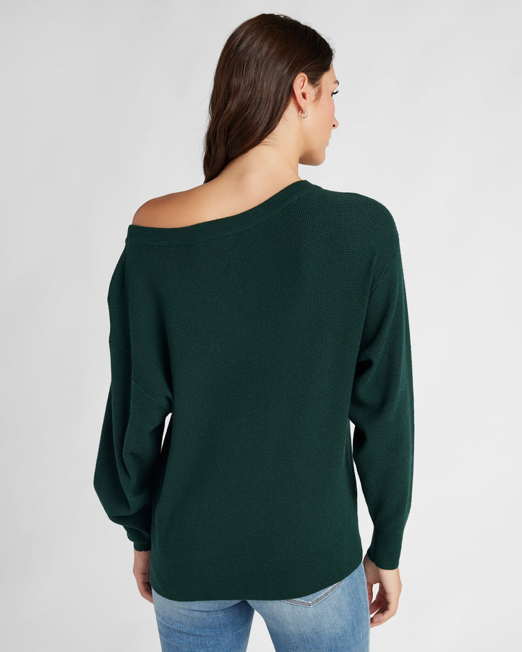 Hunter Green $|& Herizon Wanderer Waffle One Shoulder Sweater - SOF Back