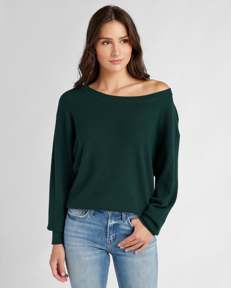 Hunter Green $|& Herizon Wanderer Waffle One Shoulder Sweater - SOF Front