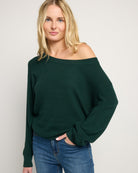 Hunter Green $|& Herizon Wanderer Waffle One Shoulder Sweater - SOF Front