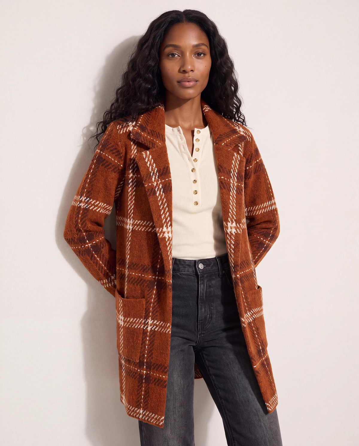 Rust $|& OneWorld Plaid Sweater Coatigan - SOF Front