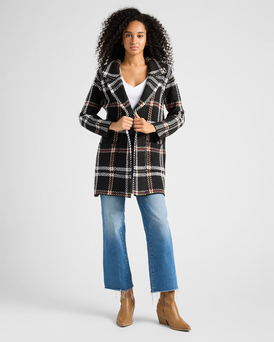 Black/Red/Ivory $|& OneWorld Plaid Sweater Coatigan - SOF Full Front