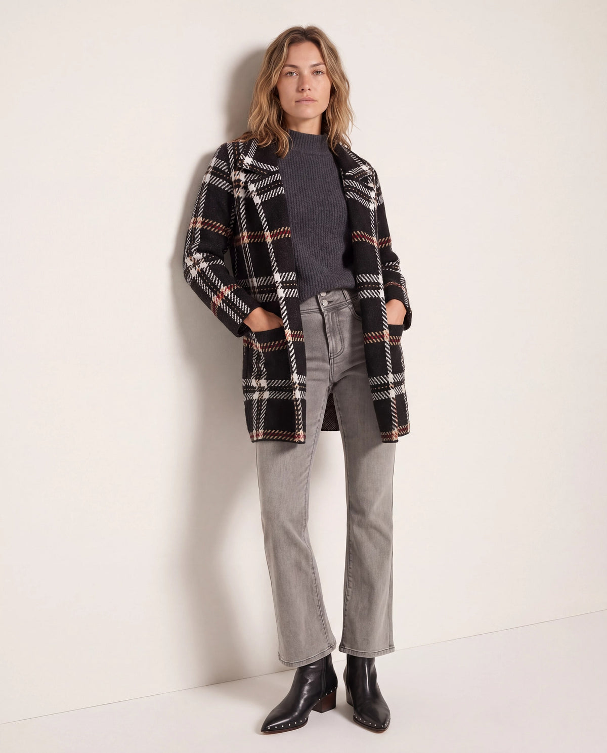 Black/Red/Ivory $|& OneWorld Plaid Sweater Coatigan - SOF Back