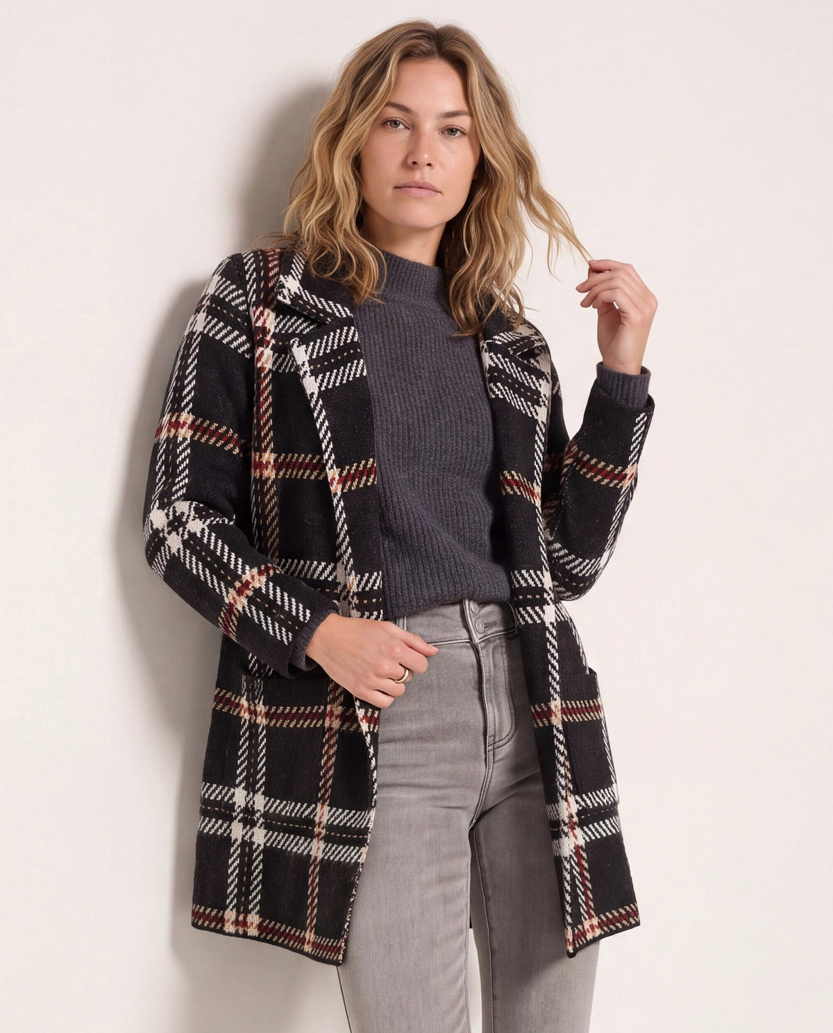 Black/Red/Ivory $|& OneWorld Plaid Sweater Coatigan - SOF Front