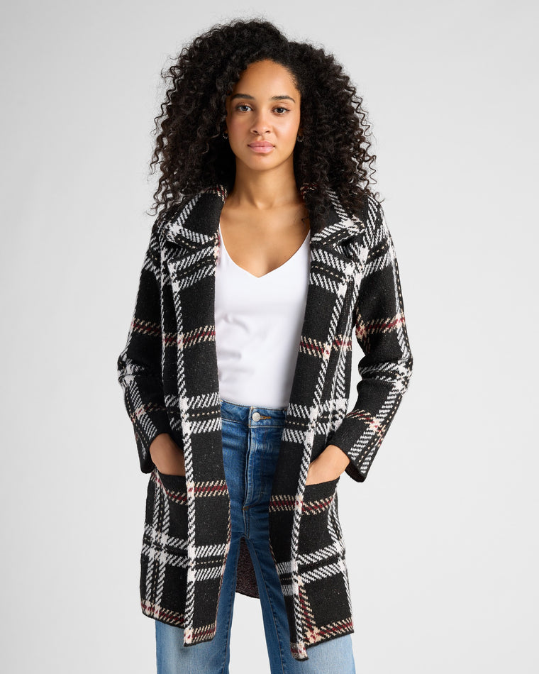 Black/Red/Ivory $|& OneWorld Plaid Sweater Coatigan - SOF Front