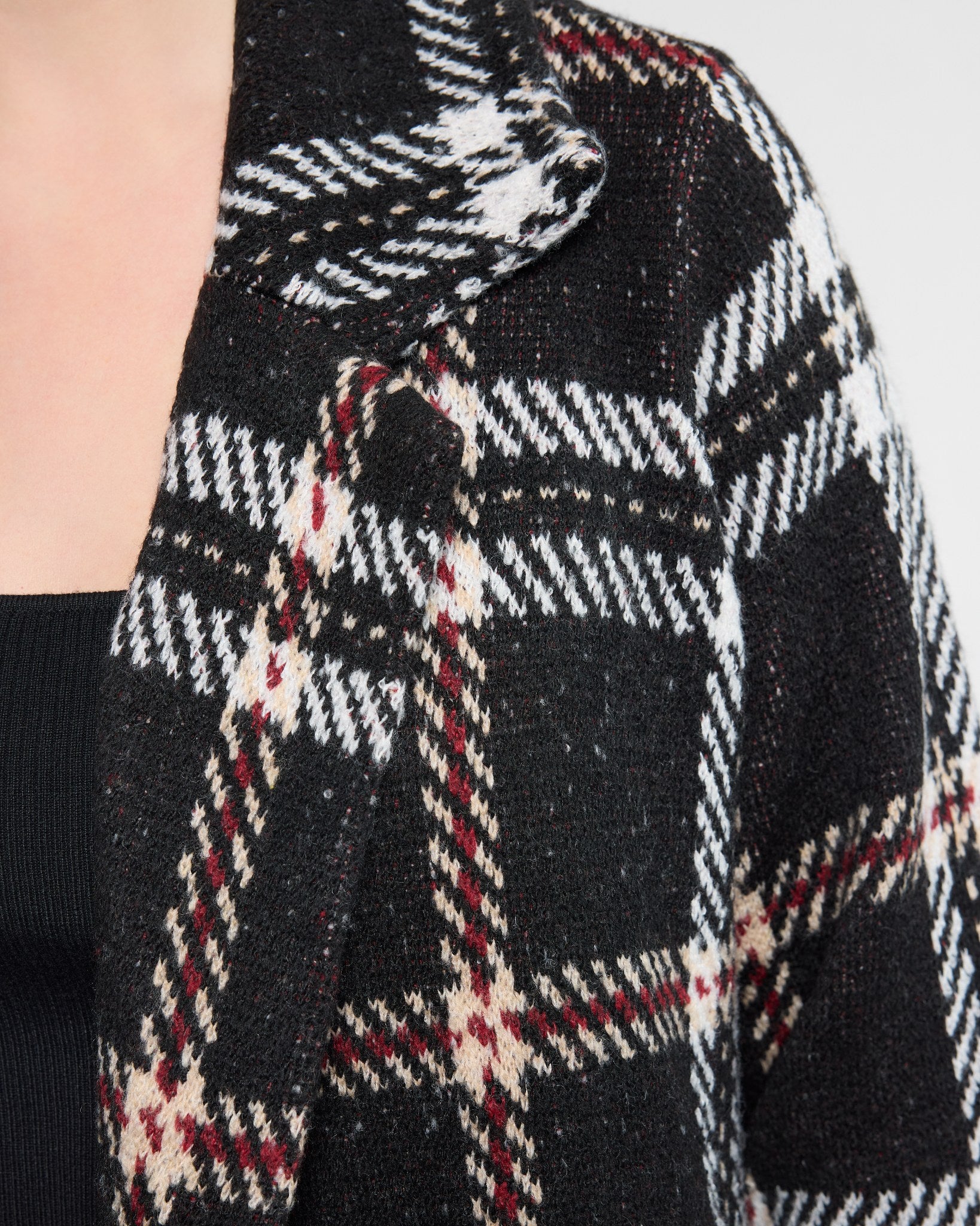 Black/Red/Ivory $|& OneWorld Plaid Sweater Coatigan - SOF Detail