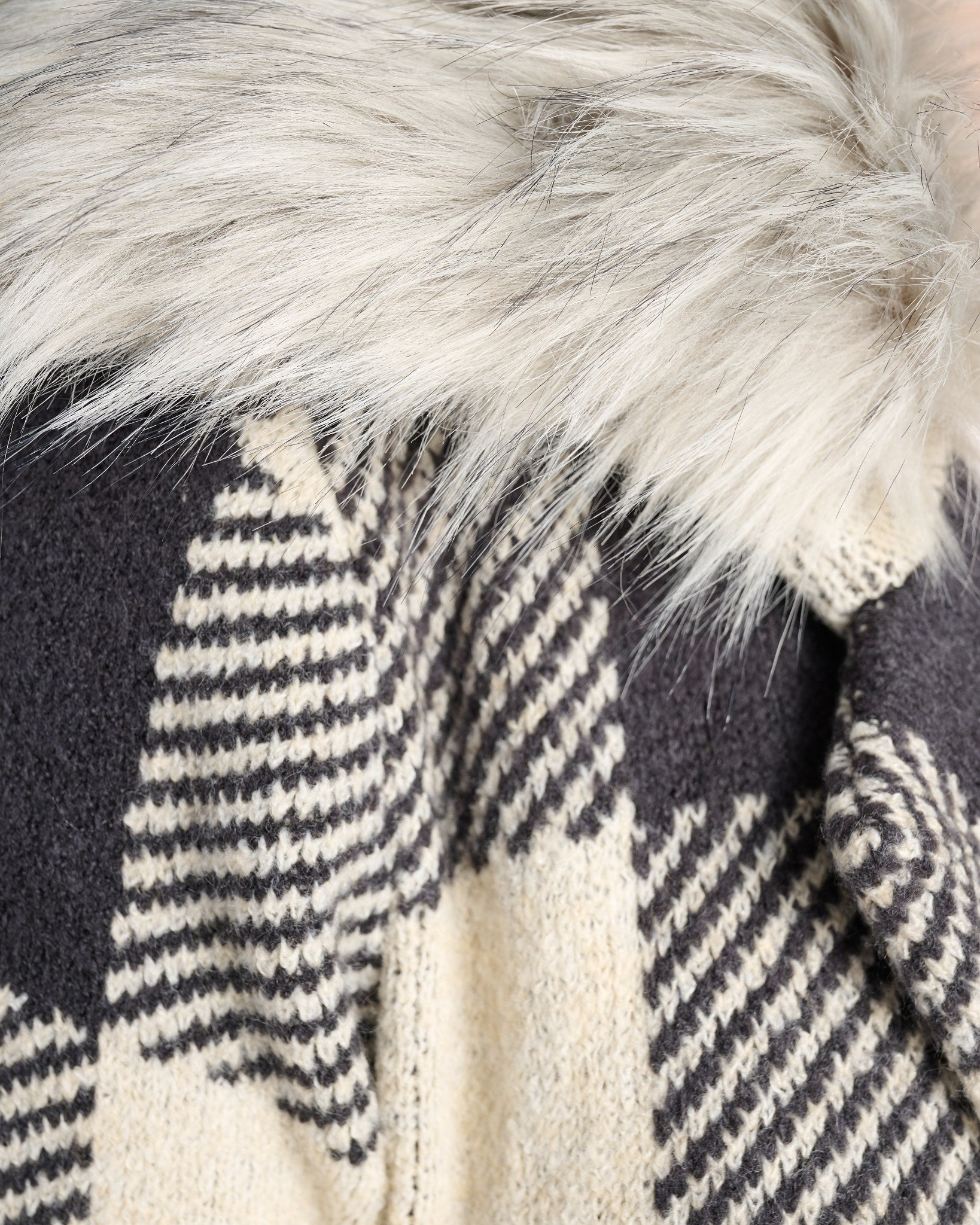 Black/Ivory $|& OneWorld Buffalo Plaid Coatigan with Removable Fur - SOF Detail