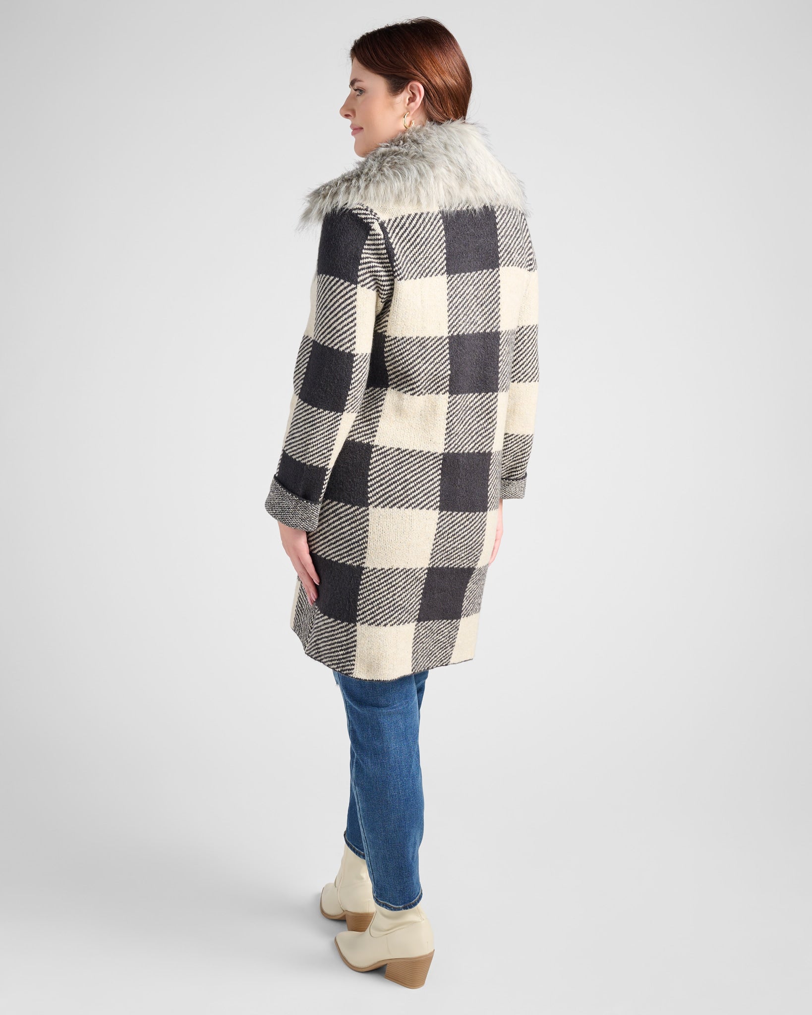 Black/Ivory $|& OneWorld Buffalo Plaid Coatigan with Removable Fur - SOF Back