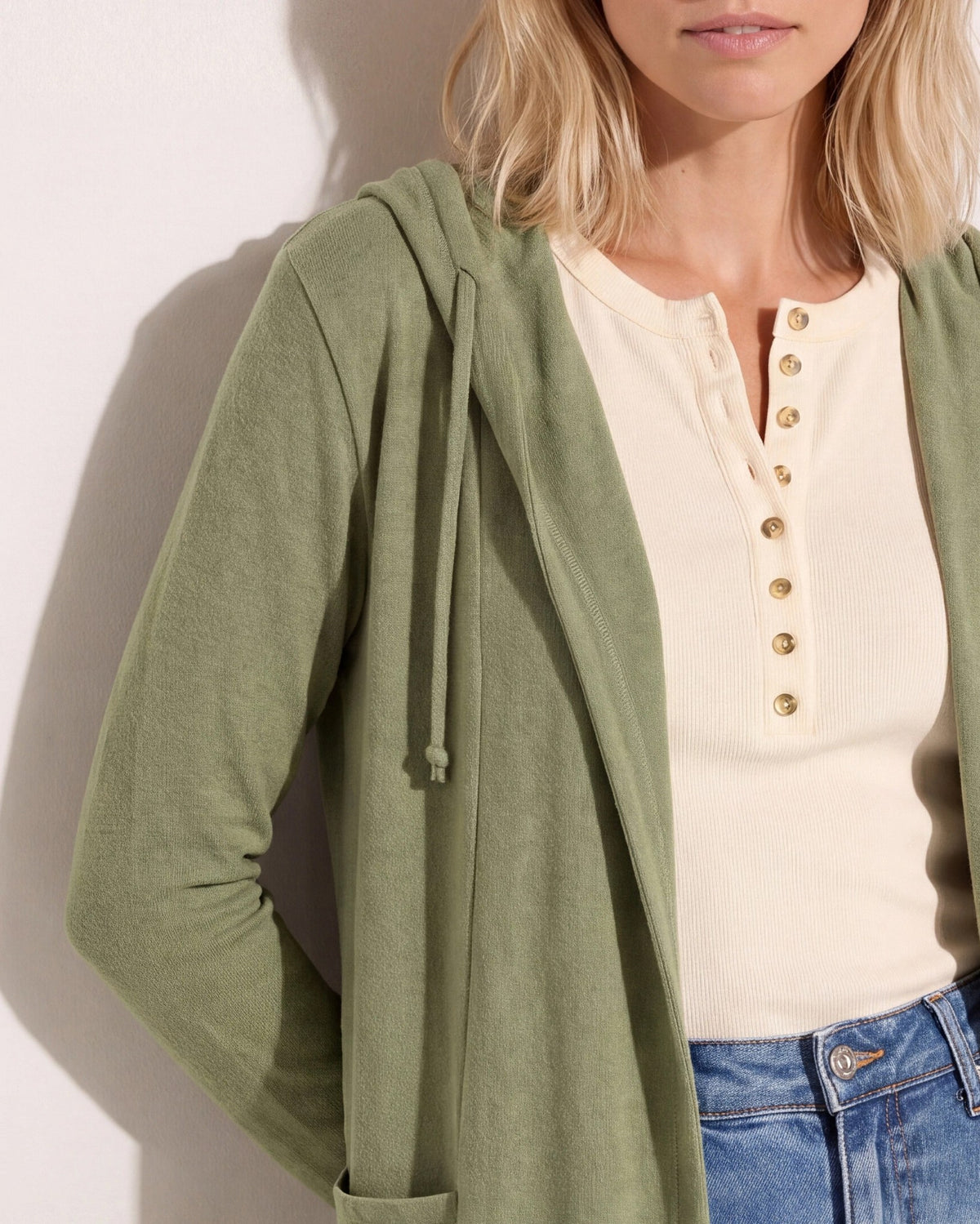 Heather Olive $|& SEAS Laguna Hooded Cardigan - SOF Back
