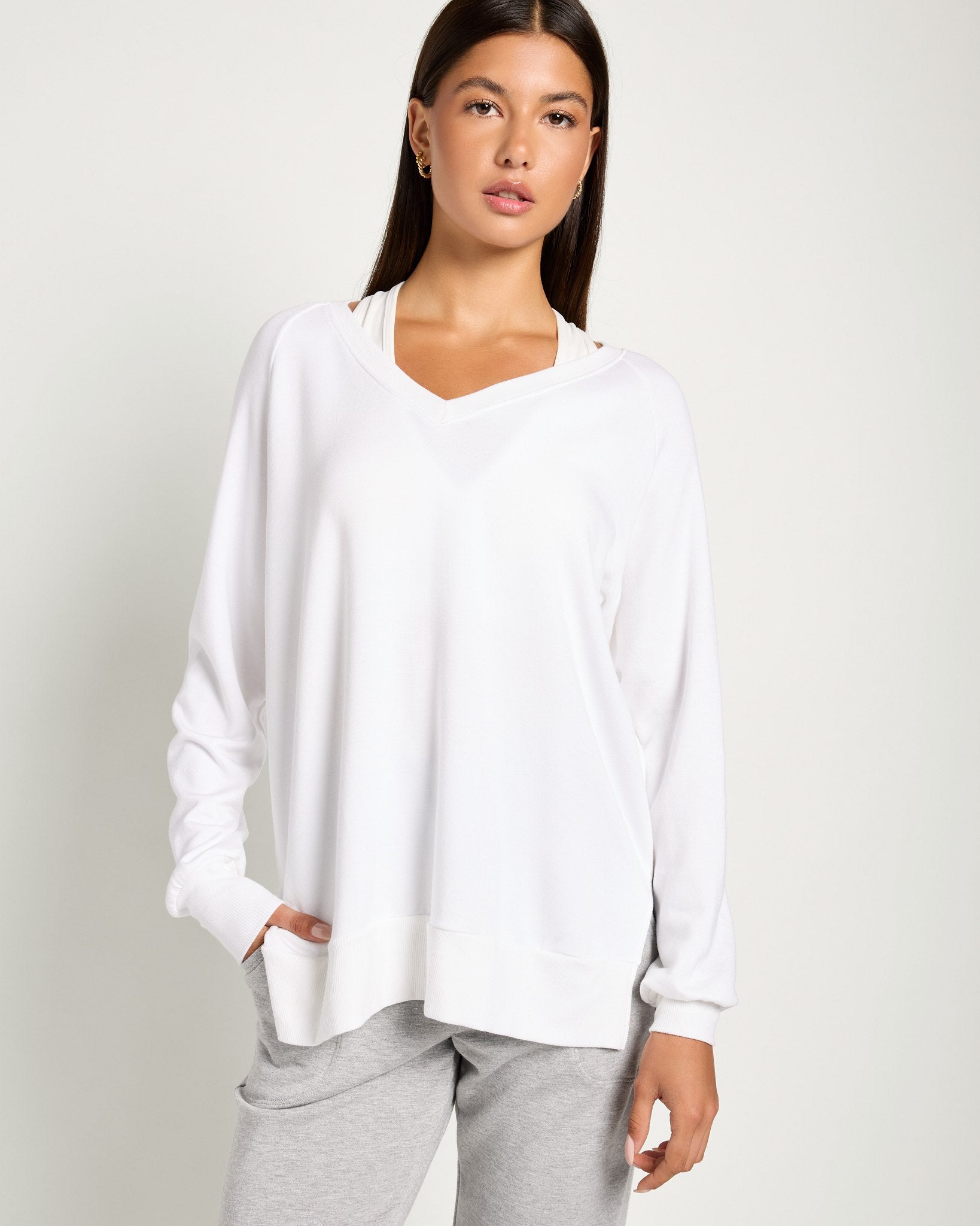 White $|& Interval Flex Fleece V-Neck Top - SOF Front
