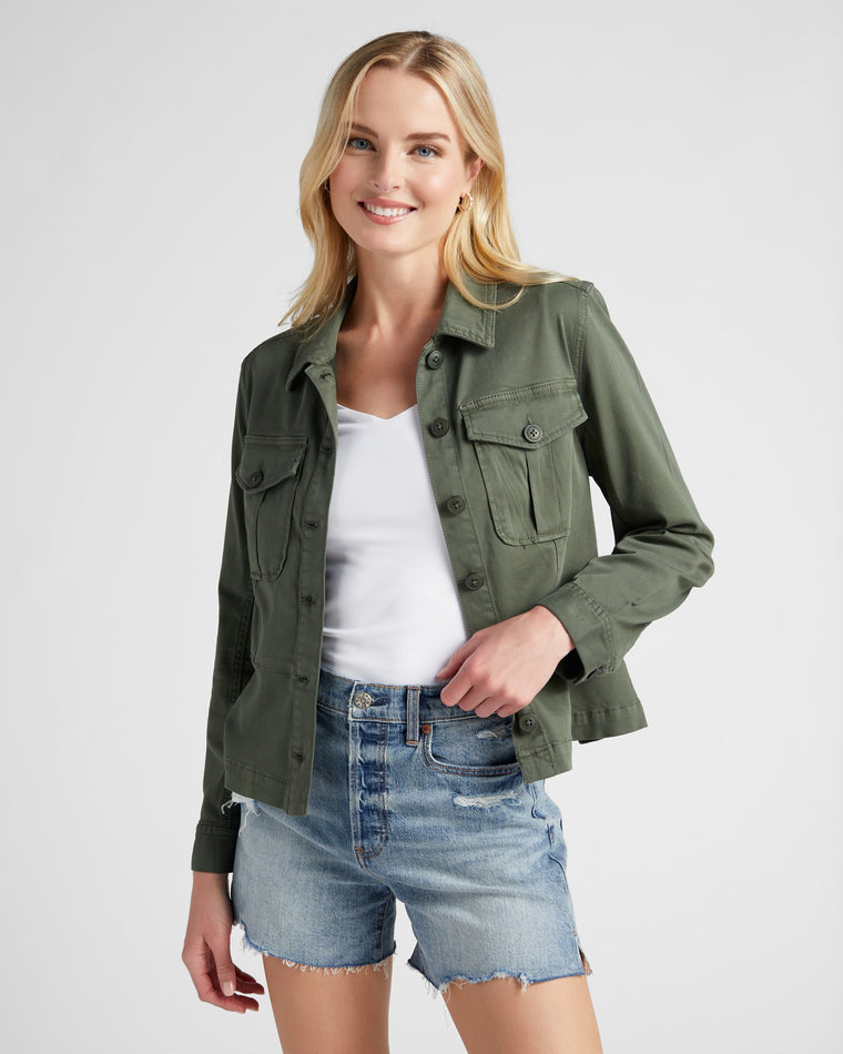 Moss Green $|& Liverpool Peplum Hem Trucker Jacket - SOF Front