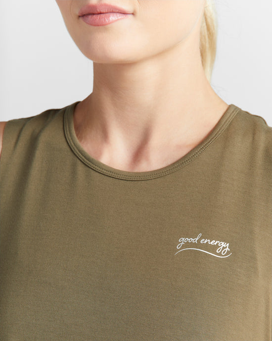 Olive $|& Interval Metallic Graphic Muscle Tank-Good Energy - SOF Detail