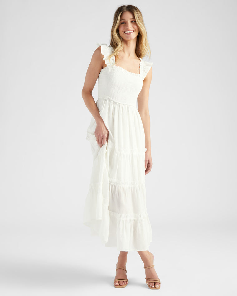 White $|& Gilli Ruffle Shoulder Smock Waist Dress - SOF Front