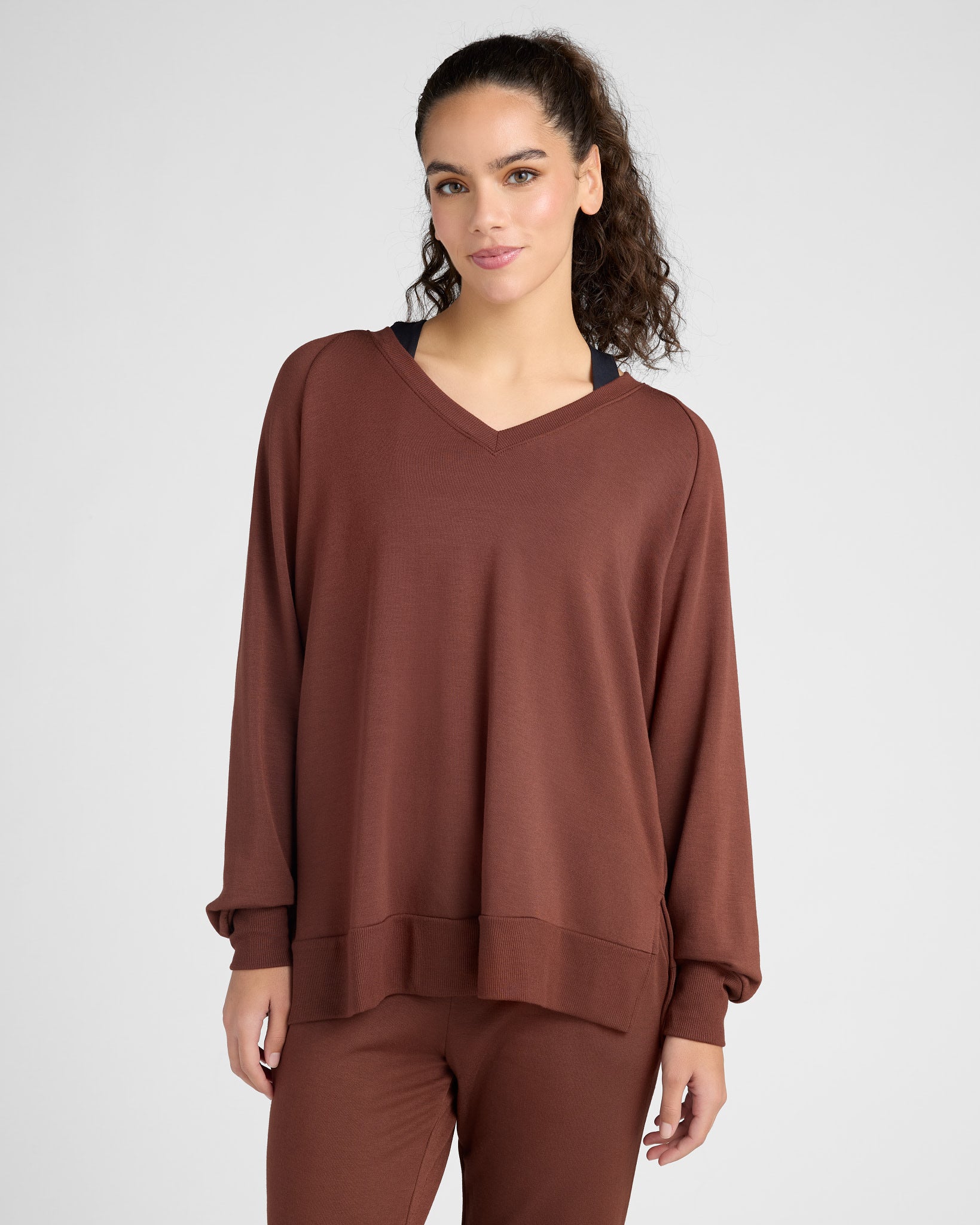 Chocolate Fondant $|& Interval Flex Fleece V-Neck Top - SOF Front