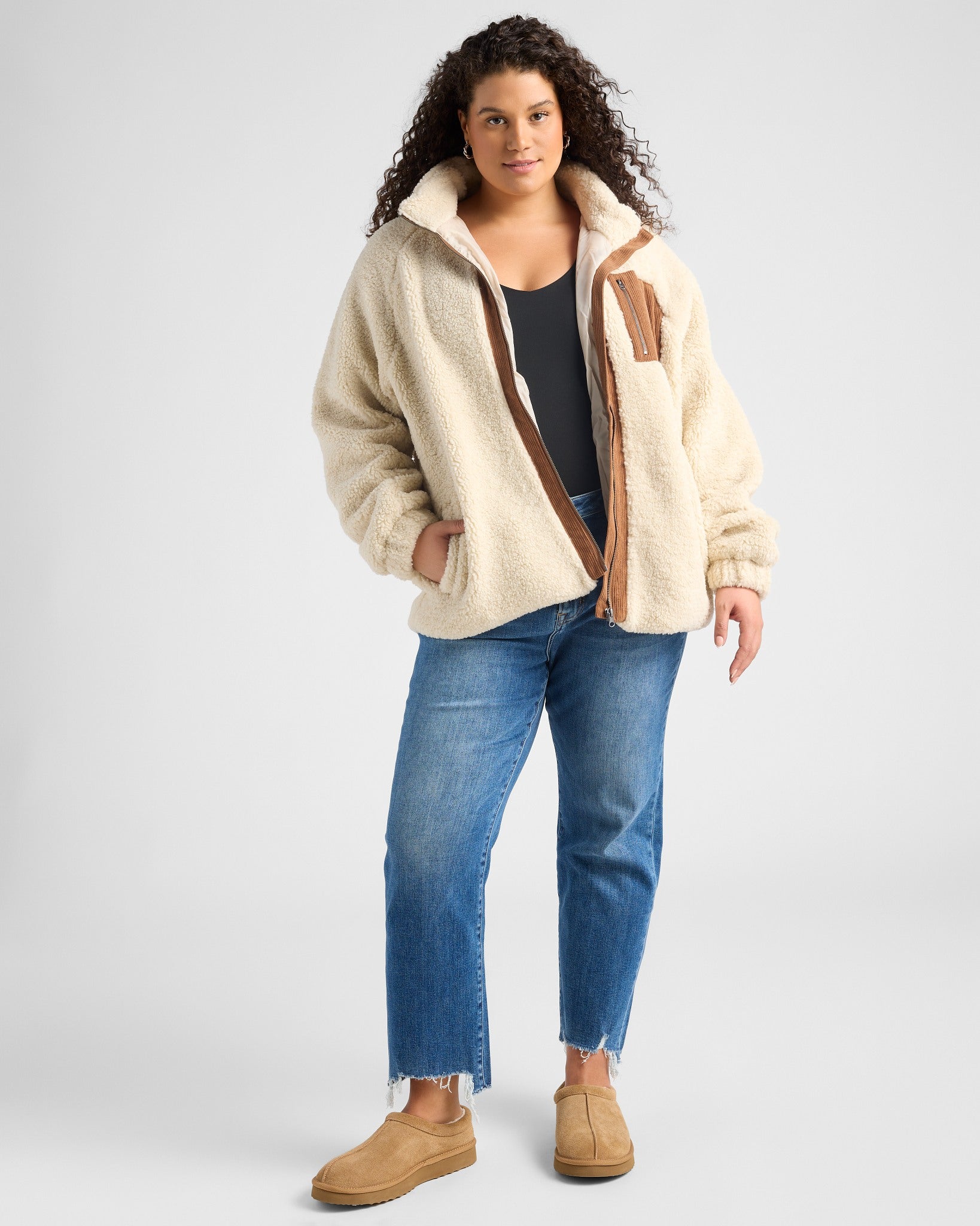Cream/Brown $|& Herizon Sherpa Jacket withCorduroy Pocket - SOF Full Front
