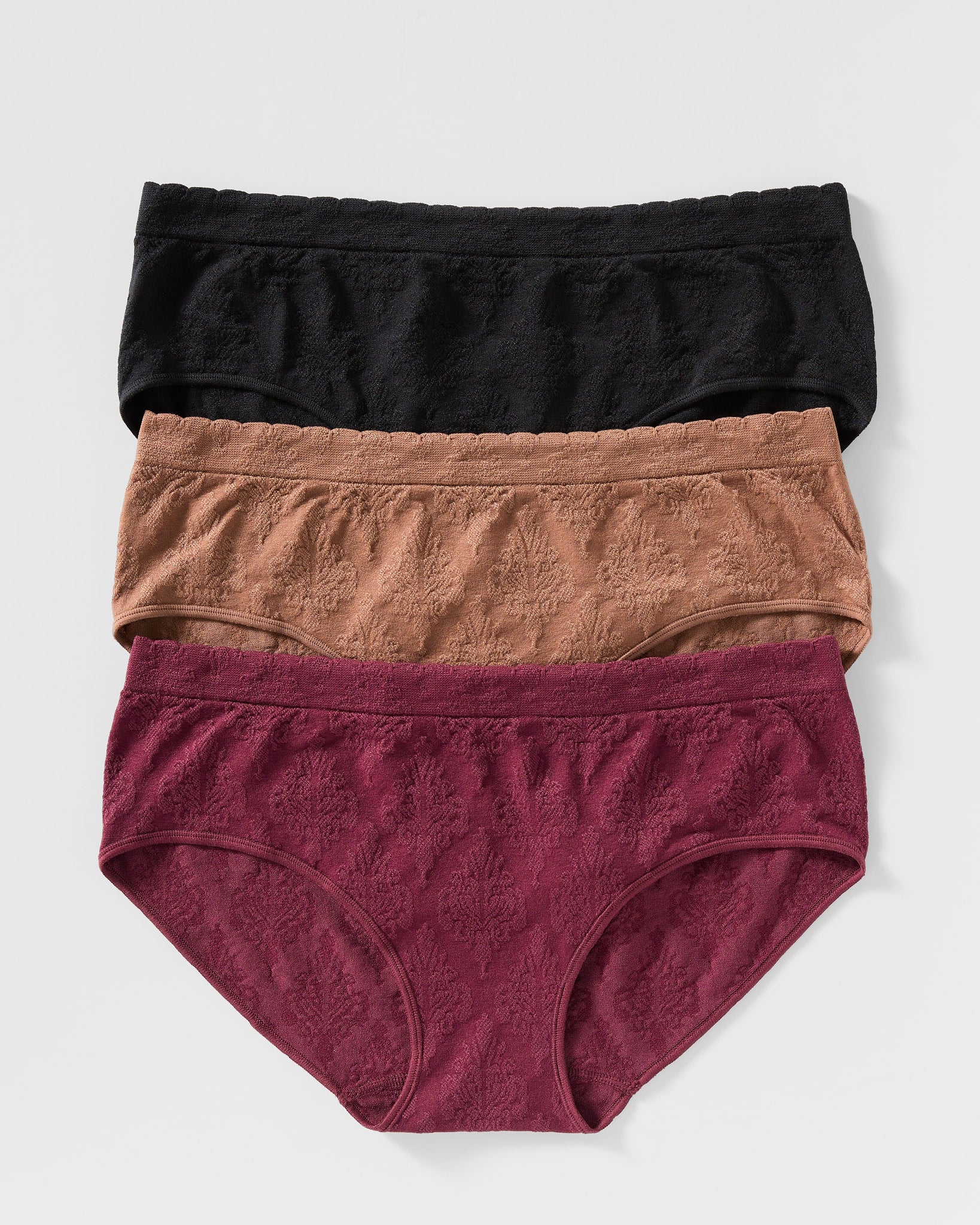Black/Porcelain/Windsor Wine $|& Capezio Seamless Brocade Textured Hipster 3 Pack - Hanger Front