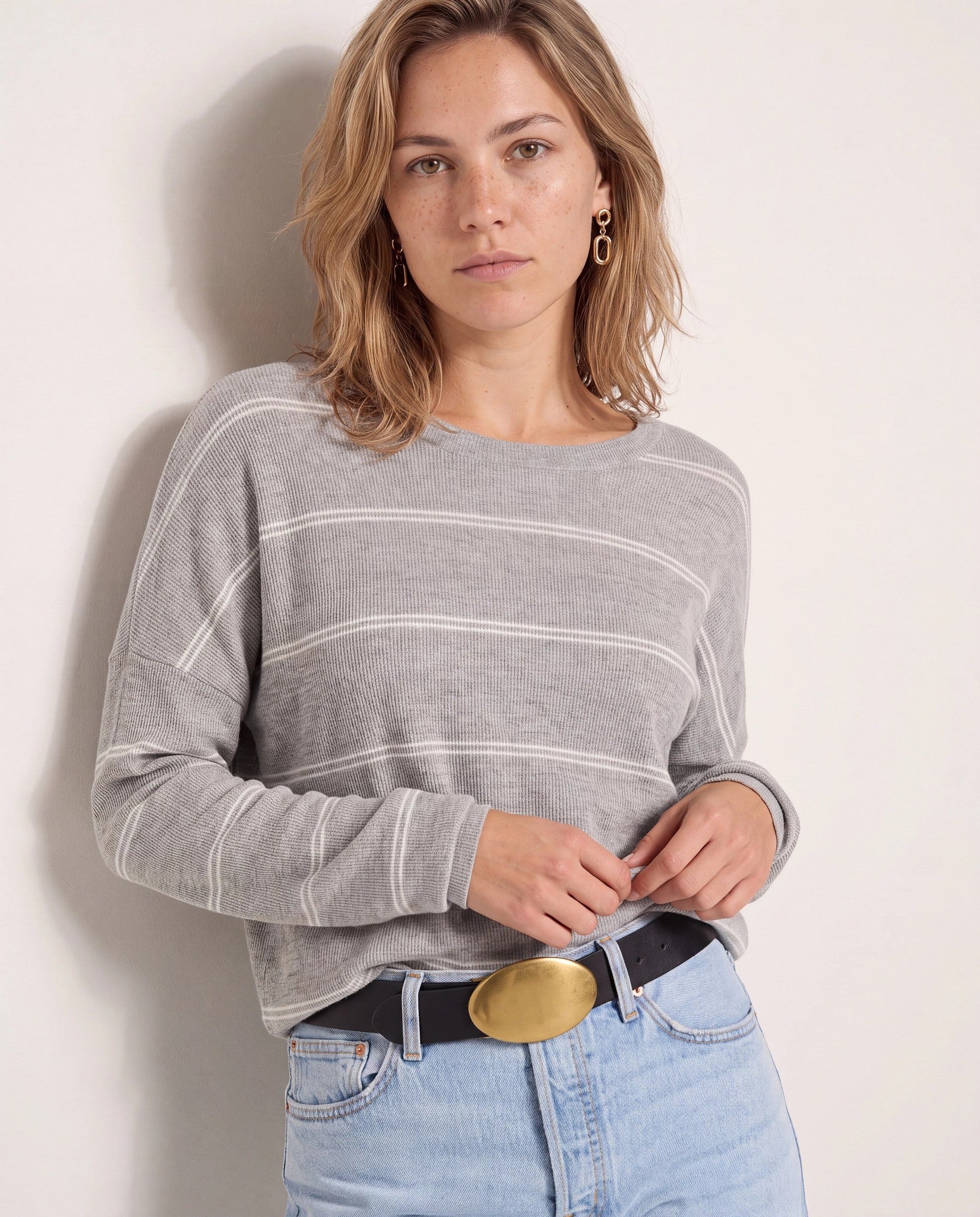 Heather Grey/White $|& SEAS Crew Neck Stripe Long Sleeve - SOF Back