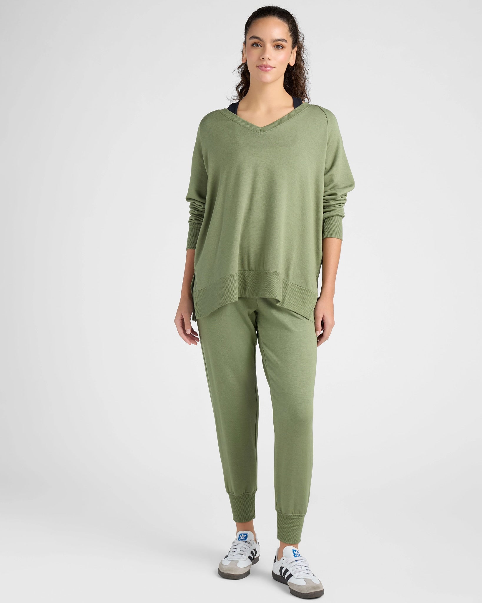 Four Leaf Clover $|& Interval Flex Fleece V-Neck Top - SOF Full Front