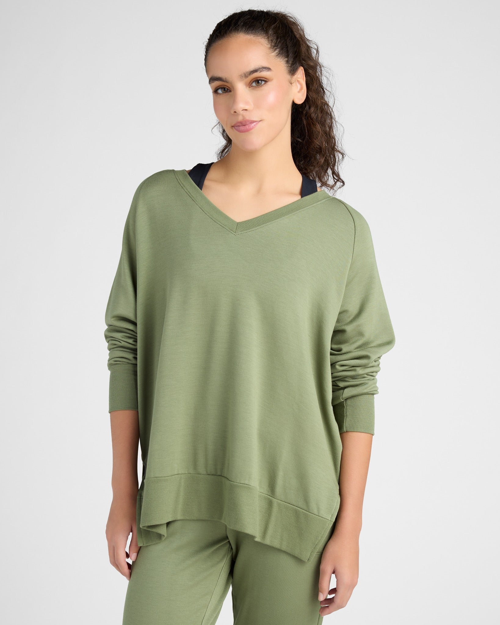 Four Leaf Clover $|& Interval Flex Fleece V-Neck Top - SOF Front