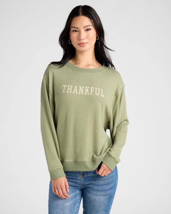 Heather Olive $|& SEAS Shoreline Hacci Thankful Graphic Crew - SOF Front