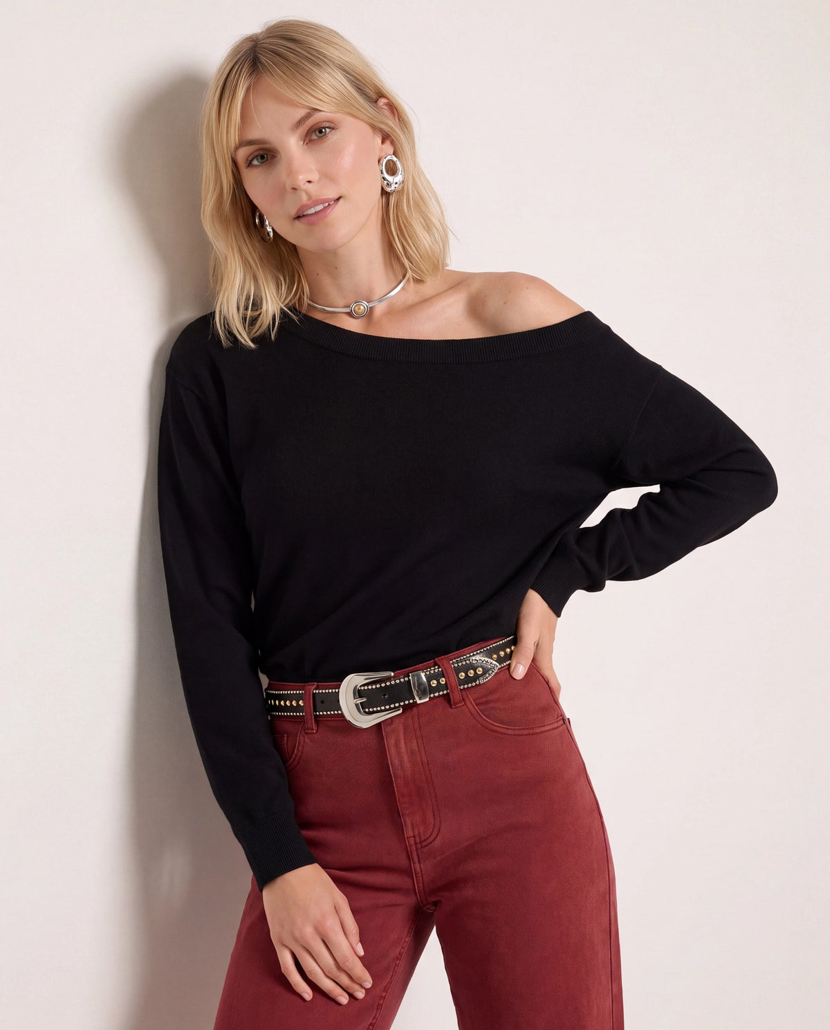 Black $|& SEAS Pacific One Shoulder Sweater - SOF Front