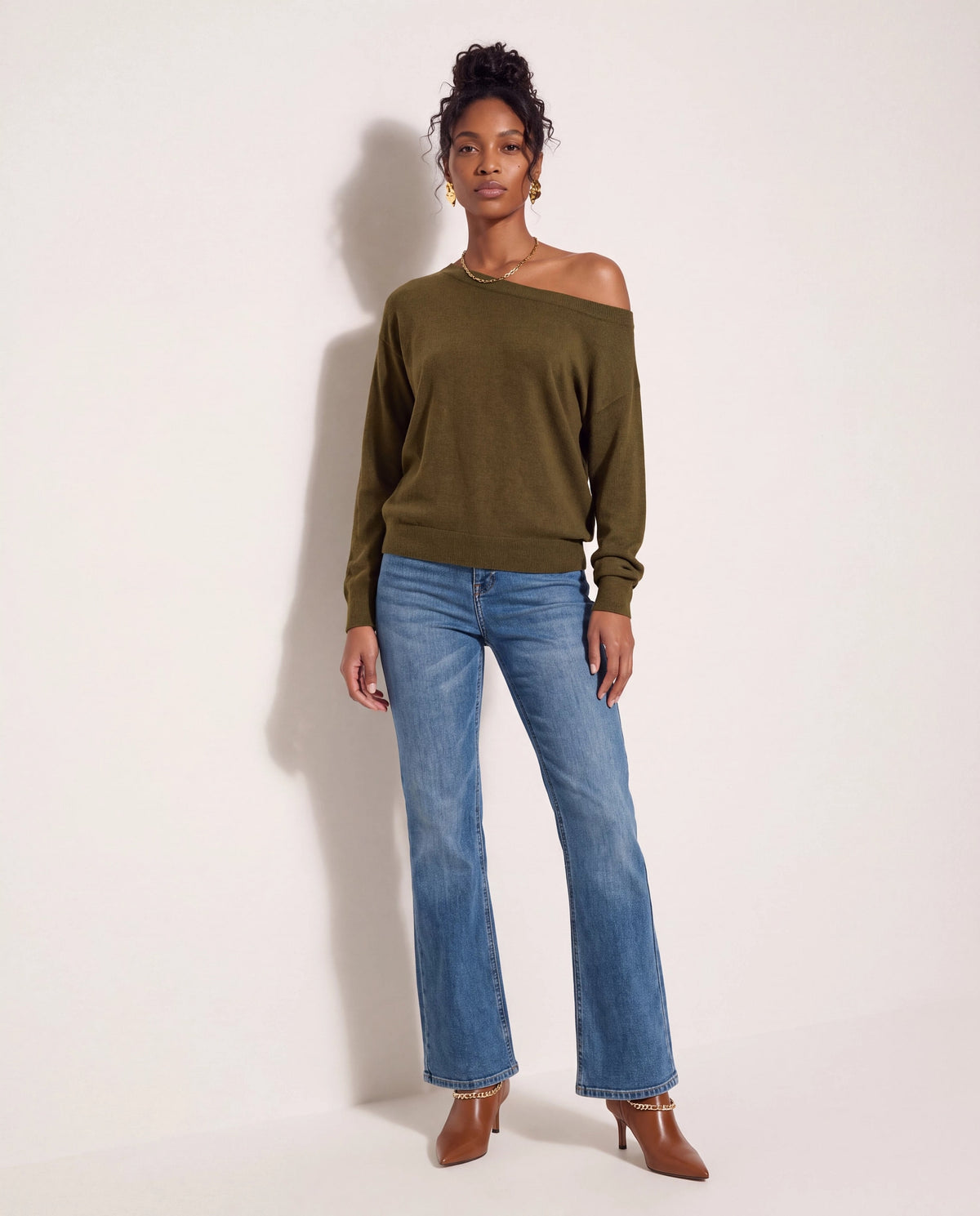 Olive $|& SEAS Pacific One Shoulder Sweater - SOF Back