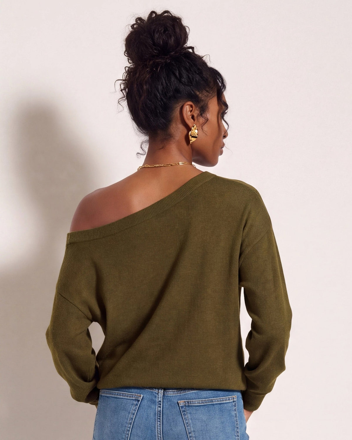 Olive $|& SEAS Pacific One Shoulder Sweater - SOF Side
