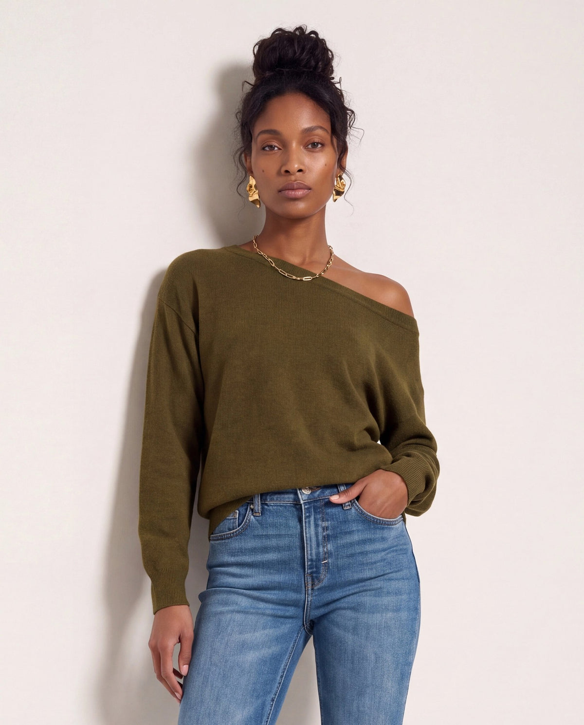 Olive $|& SEAS Pacific One Shoulder Sweater - SOF Front