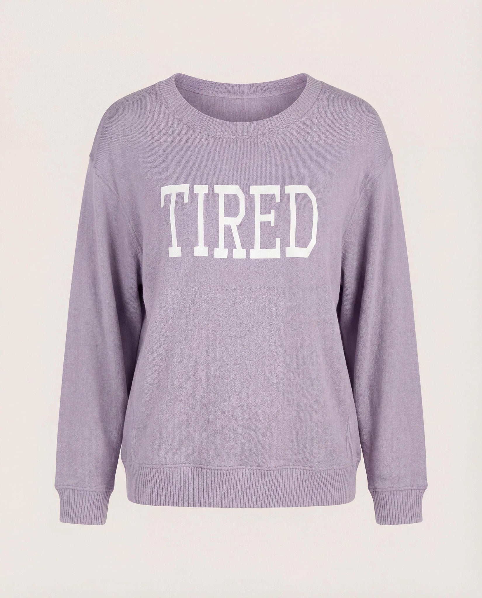 Heather Purple Sage $|& SEAS Shoreline Hacci "Tired" Graphic Pullover - Hanger Detail