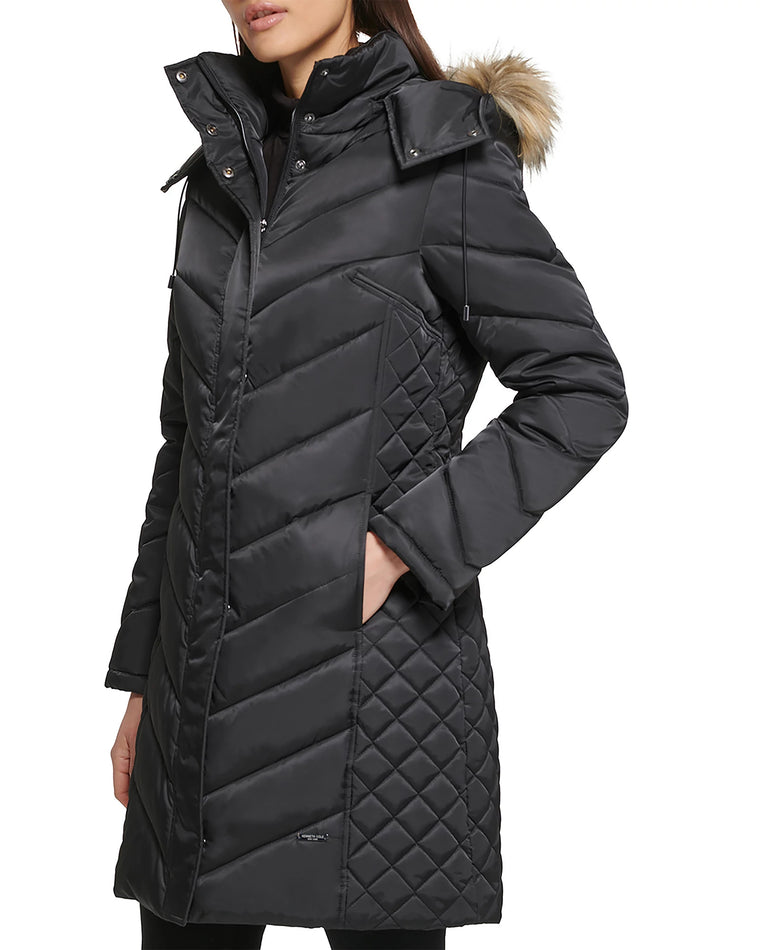 Black $|& Kenneth Cole Hooded Puffer Jacket with Removable Faux Fur - VOF Front