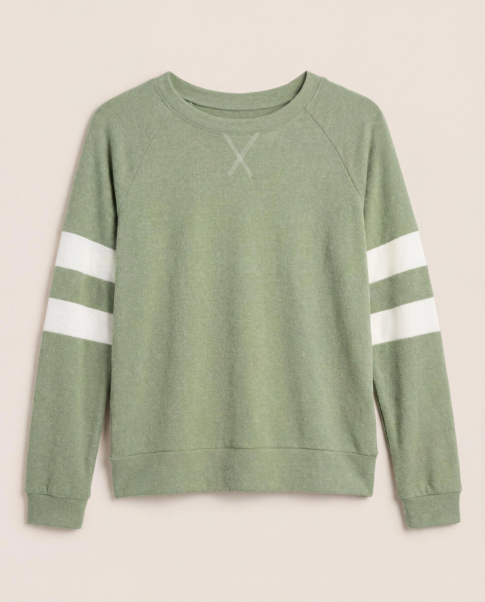 Heather Olive/Cream $|& SEAS Shoreline Varsity Cozy Top - Hanger Detail