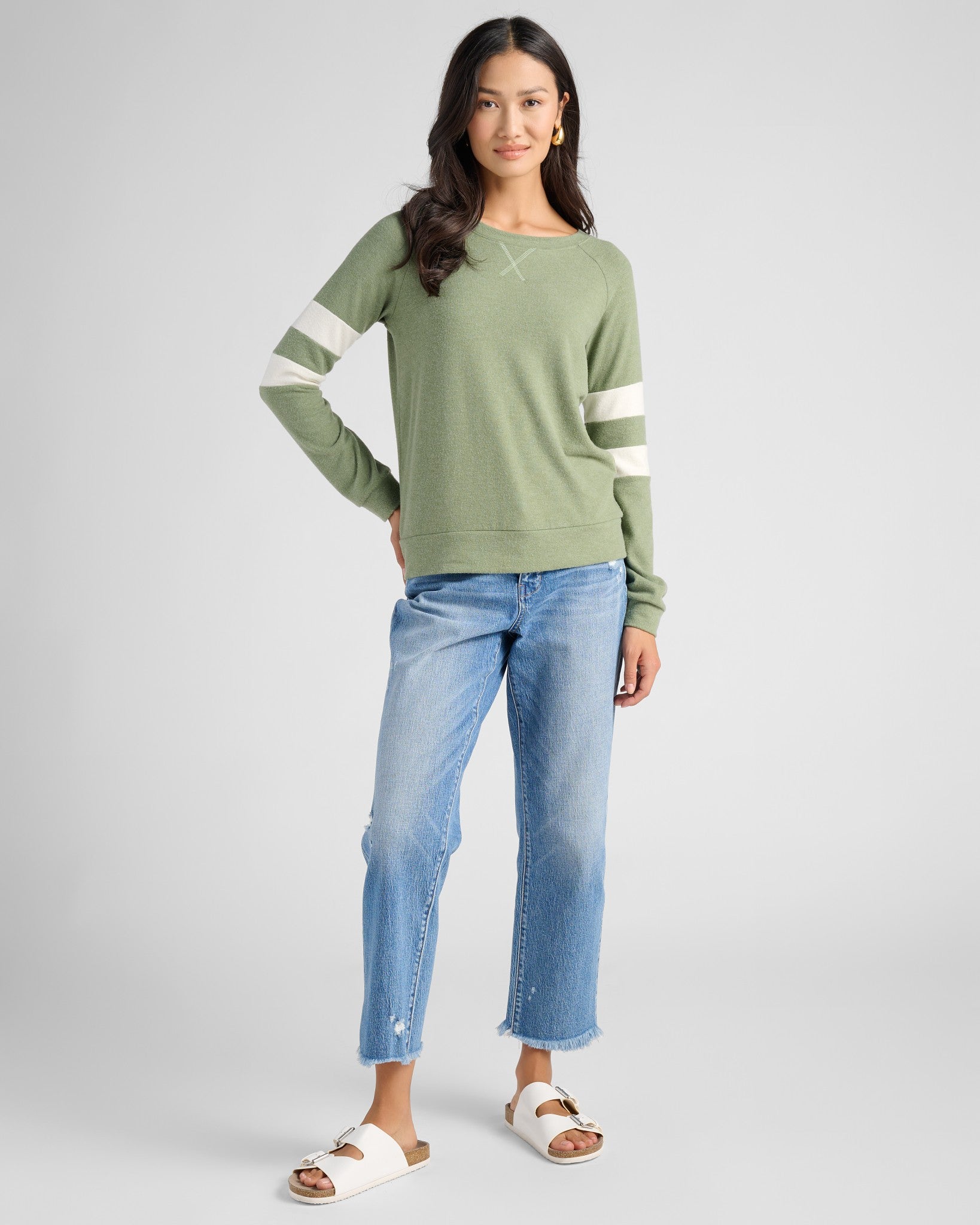 Heather Olive/Cream $|& SEAS Shoreline Varsity Cozy Top - UGC On Fig